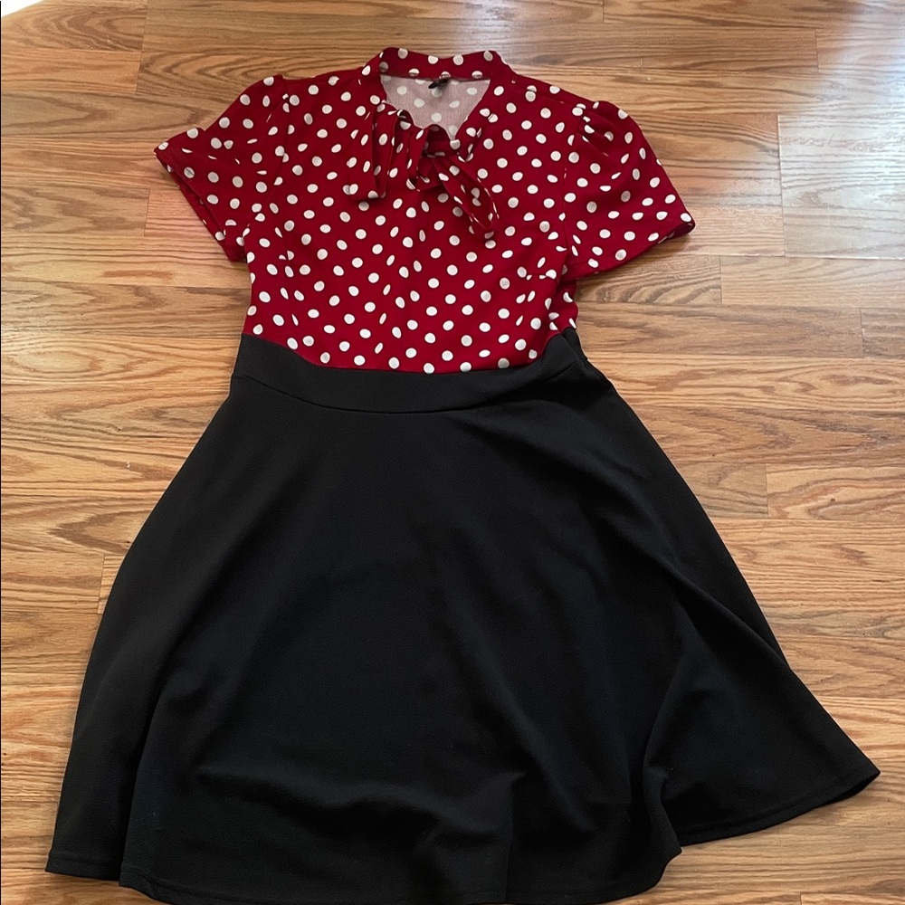 Red polka dot top/black bottom dress retro size large